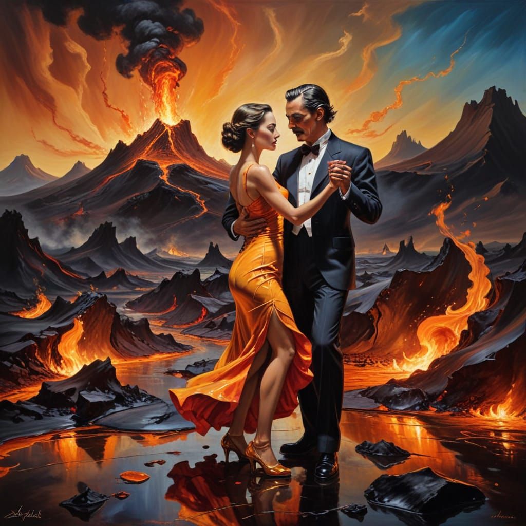 Surreal Tango on Lava in Vibrant Oil Painting Style