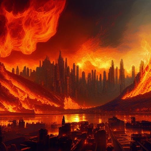 Glowing Fire Lake City: Detailed Digital Painting