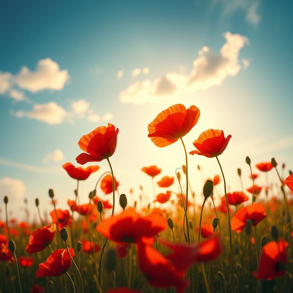Dreamlike Field of Red Poppies in Warm Golden Light