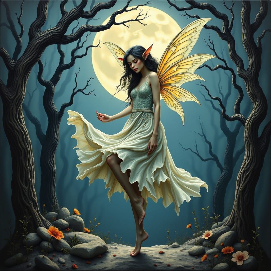 Gypsy Fairy Dances Under Starlight in Ancient Forest