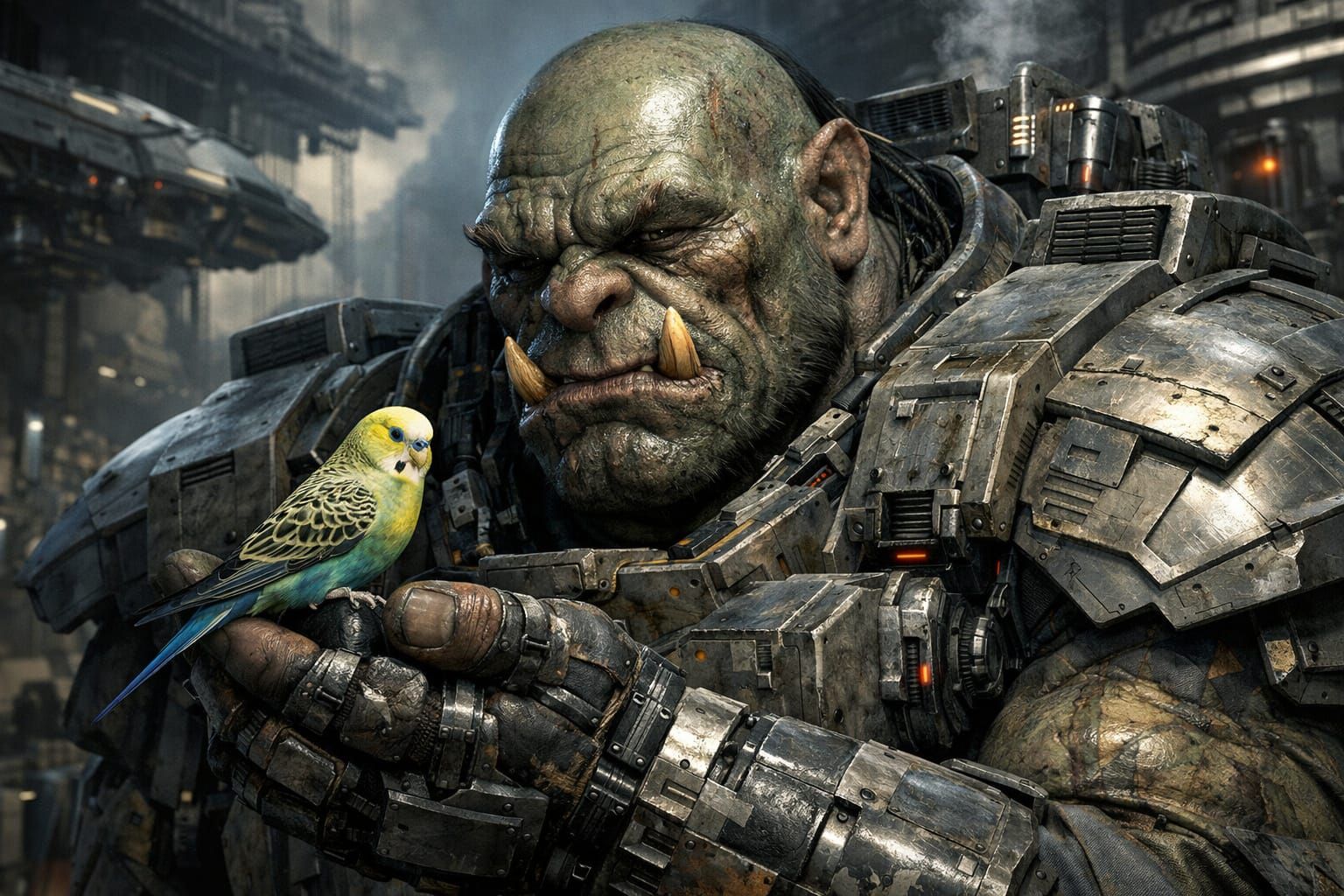 Massive Orc Holds Delicate Parakeet in Sci-Fi Portrait