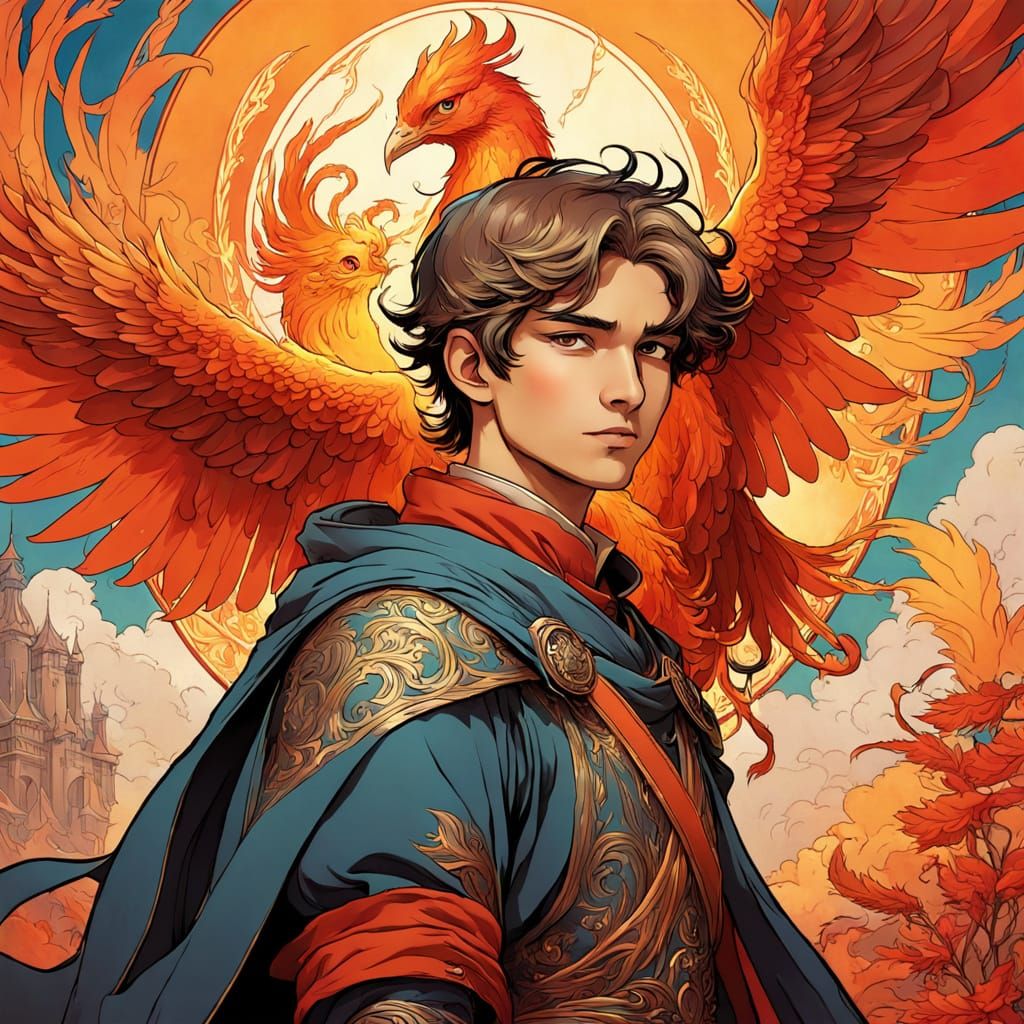 A Medieval Boy with a Phoenix in Vibrant Ink Outlines