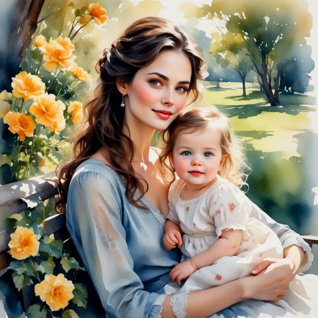 Woman and Baby in Sunny Garden, Watercolour Style