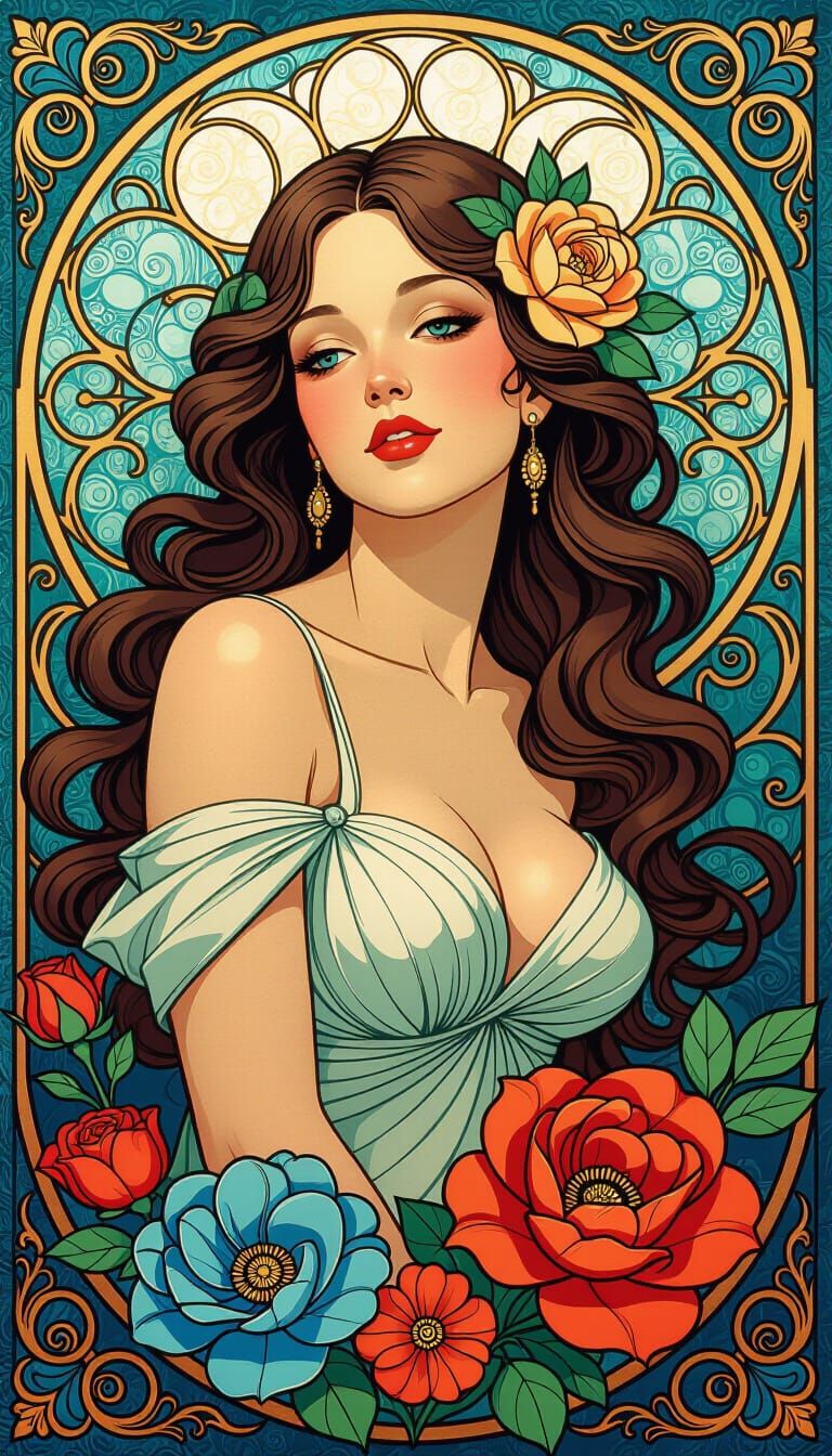 Elegant Woman with Flowers, Fibonacci Nature, Rich Textures