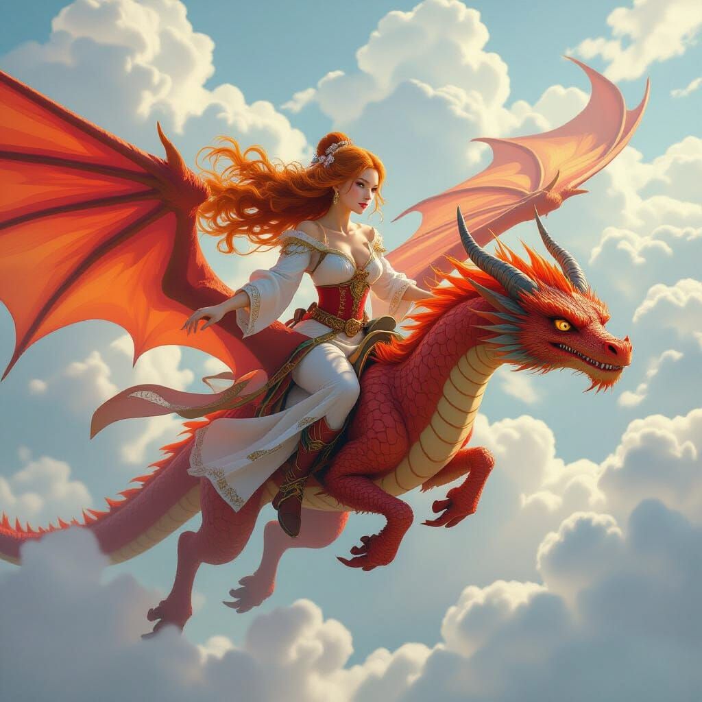 Maiden Riding Dragon Through Clouds in Hyperrealistic Splash...