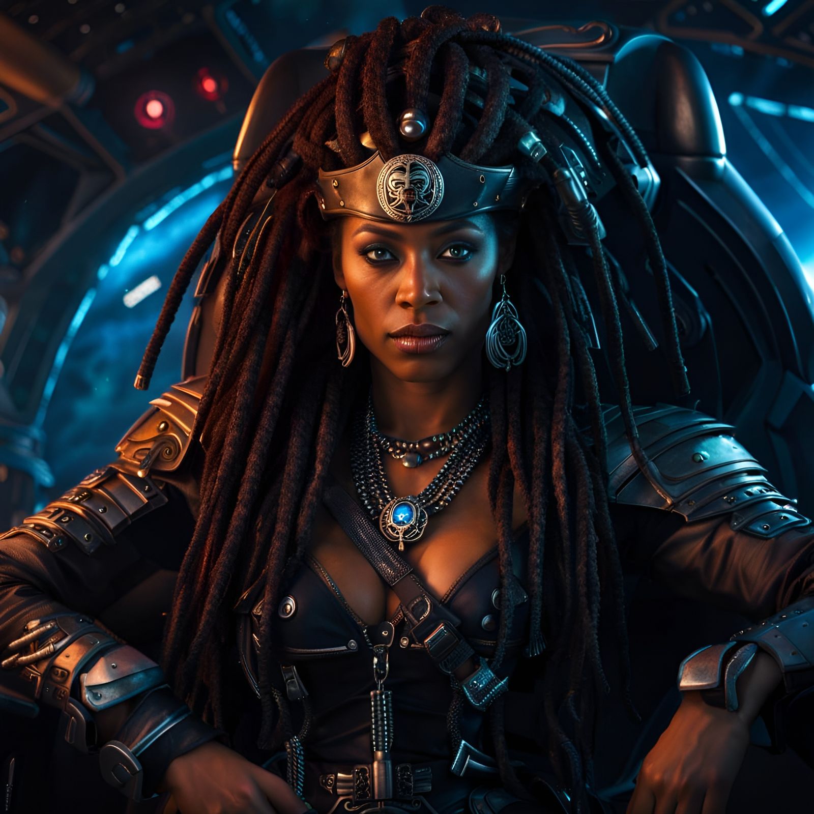 Confident Space Pirate Empress on Futuristic Throne