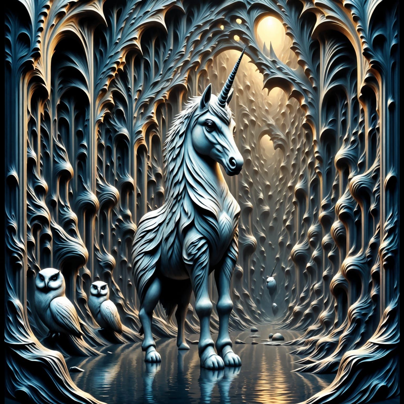 Surreal Unicorns in Escher-Inspired Impossible Architecture