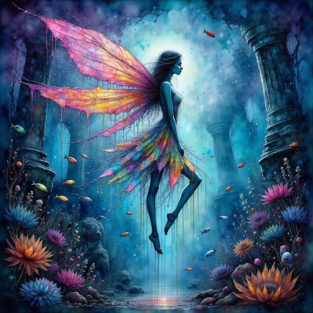 Ethereal Fairy With Sea Glass Wings Over Bioluminescent Reef