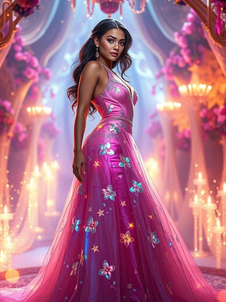 Woman in Magical Flower Dress: Hyperrealistic Concept Art