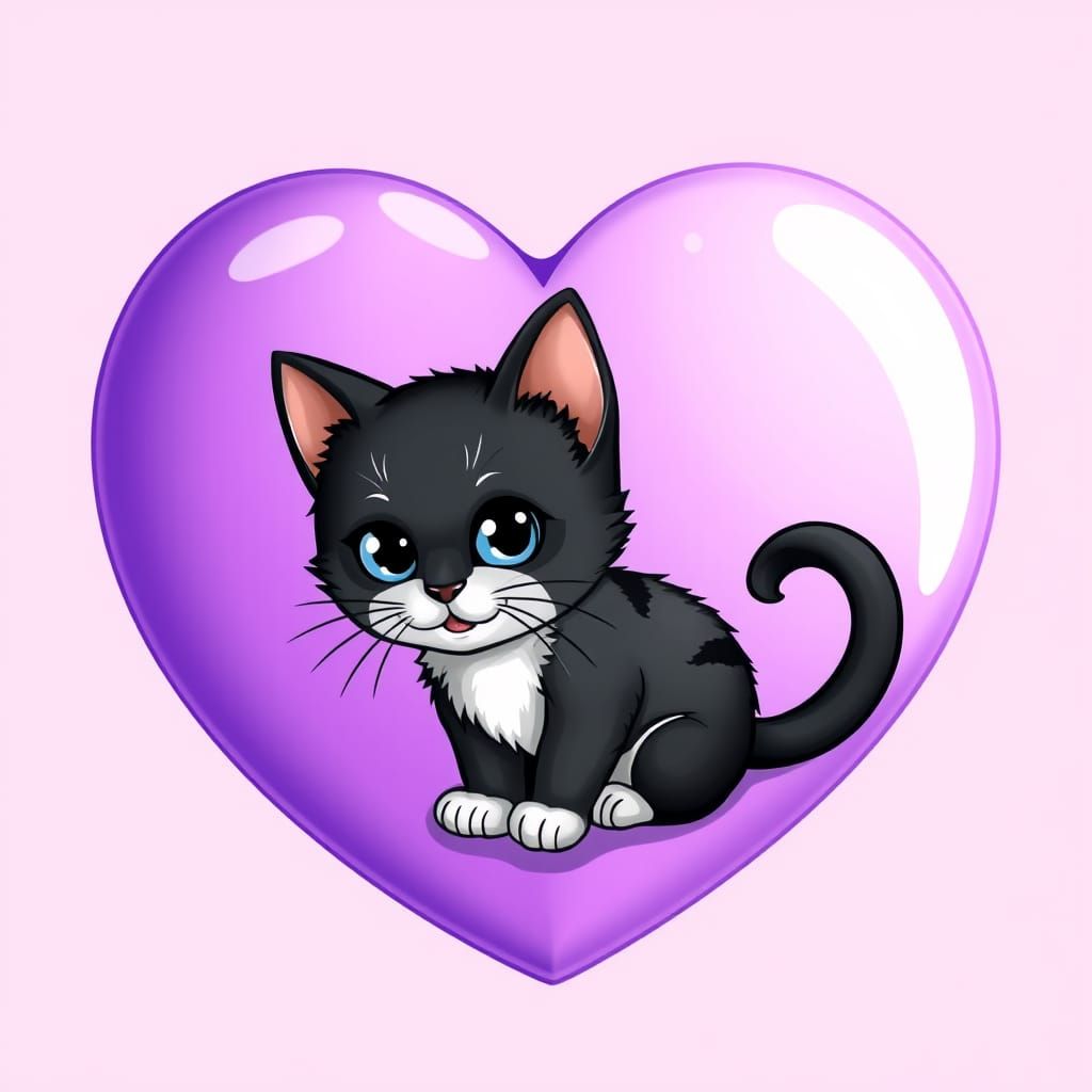 Adorable Kitten Surrounded by Lavender Heart in Whimsical Ca...