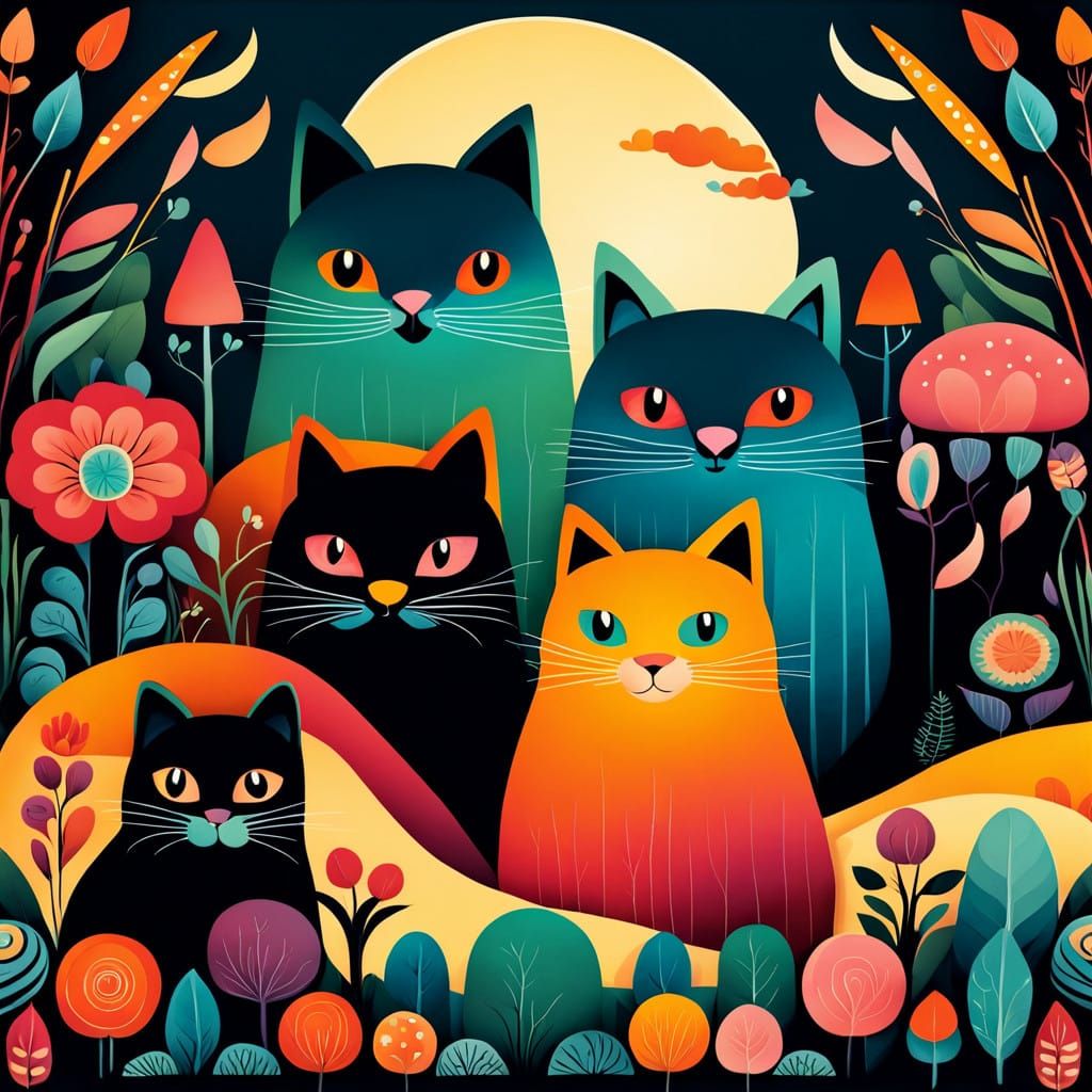 Whimsical Sunset Feline Friends