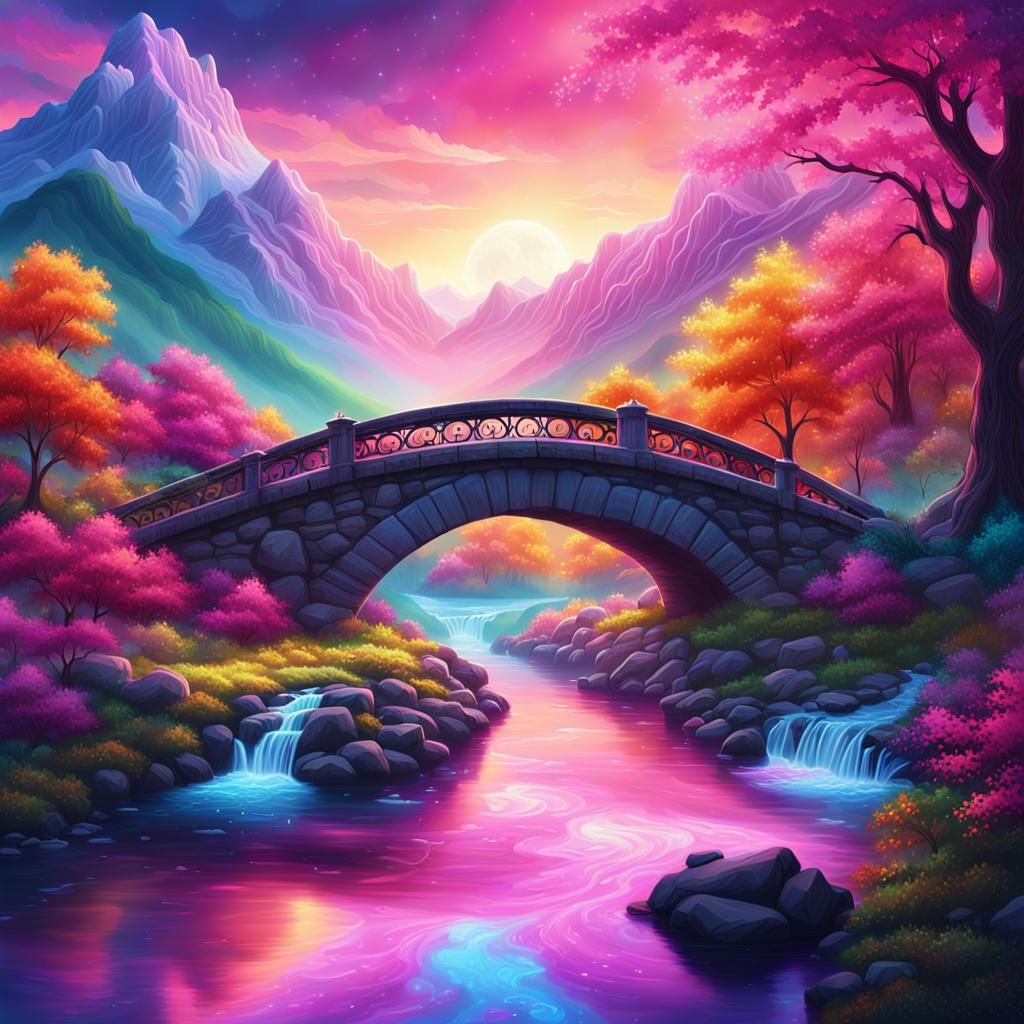 Cosmic Stone Bridge Over Stream: Surreal Illustration
