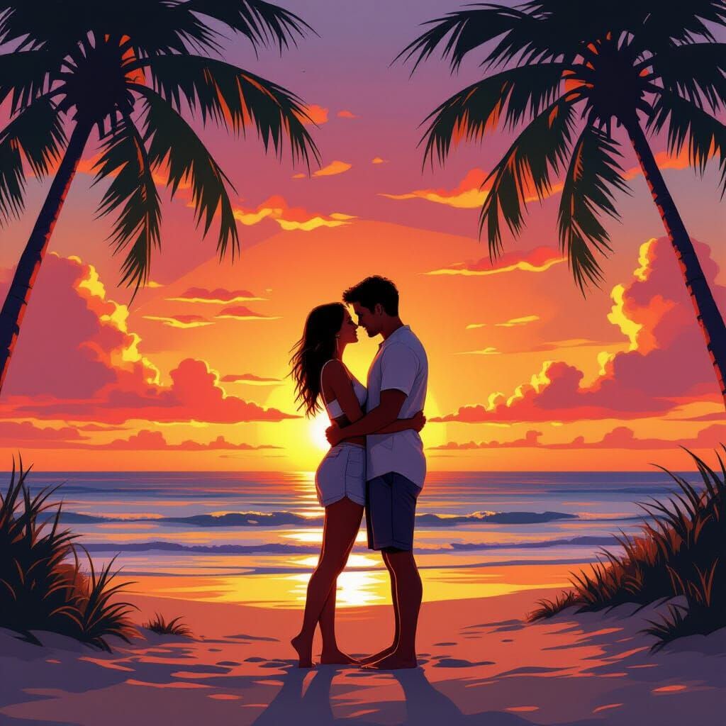 Couple's Beach Embrace at Sunset: Digital Art