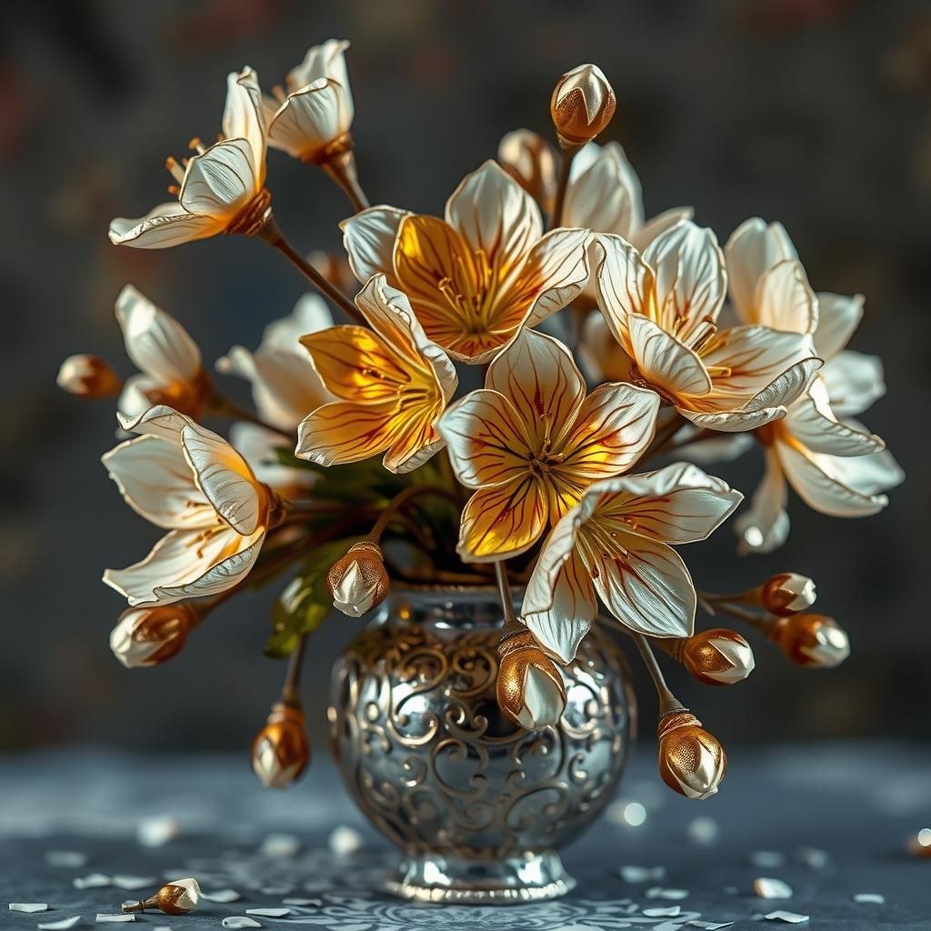 Metallic Cherry Blossoms Still Life in Silver