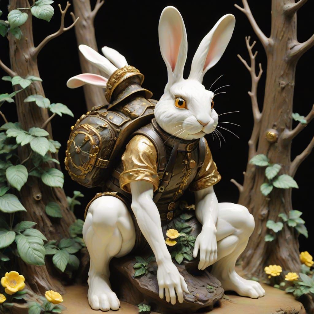 Mysterious Rabbit Diorama in a Dark Forest Scene