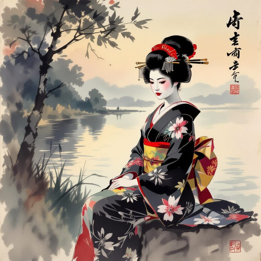Geisha in Sumi-e Style Inspired by John Singer Sargent