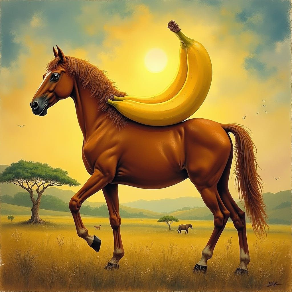 Vibrant Banana Sits atop Majestic Horse in Dreamlike Savanna...
