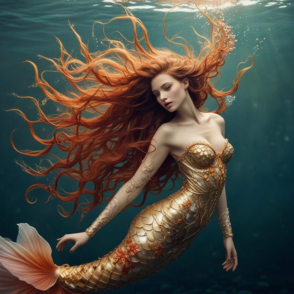 Whimsical Mermaid in Art Nouveau Watercolor Style