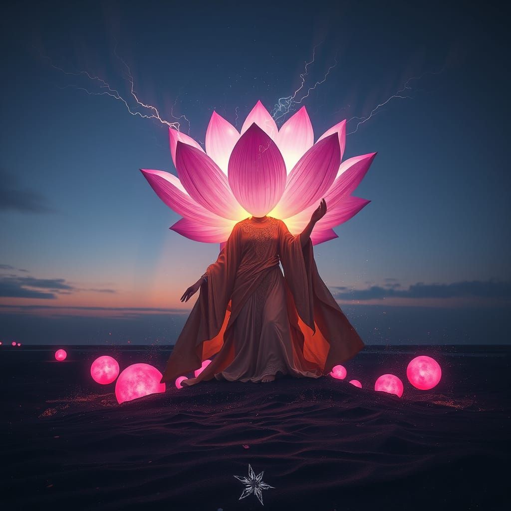 Cosmic Goddess Rising from Twilight Beach