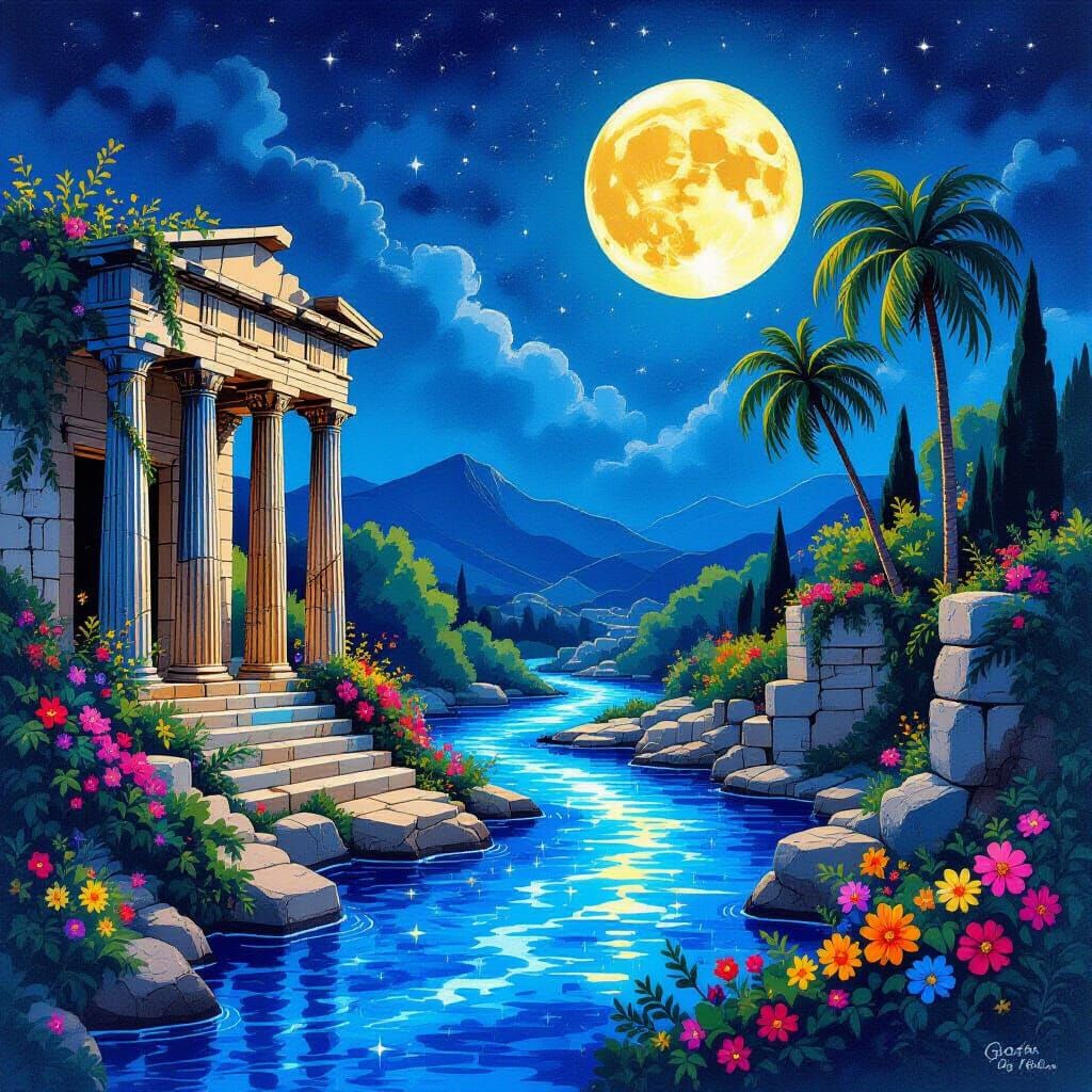 Whimsical Greek Ruins with Blue River Under Moon