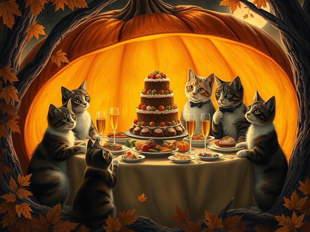 Cat Family Feast in Hollow Pumpkin