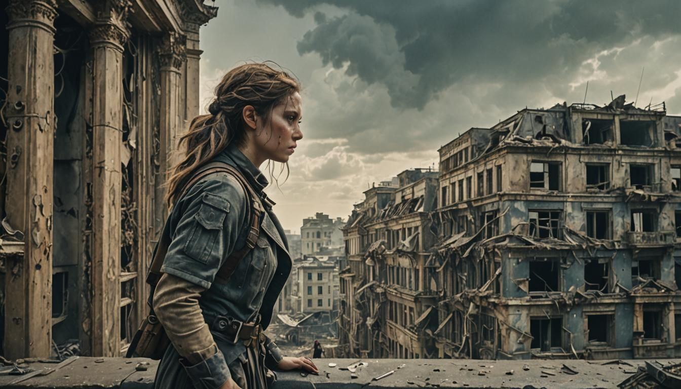 Post-Apocalyptic Girl Overlooks Ruined World