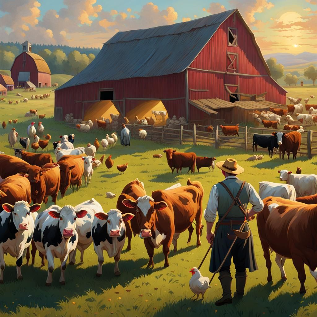 19th Century Farmer Surrounded by Farm Animals