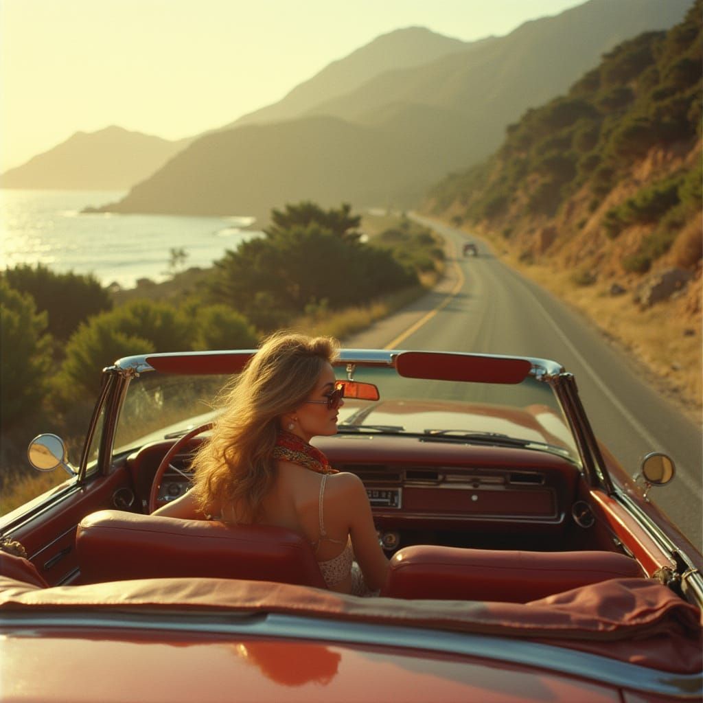 Glamorous Woman Drives Vintage Car on Coastal Highway