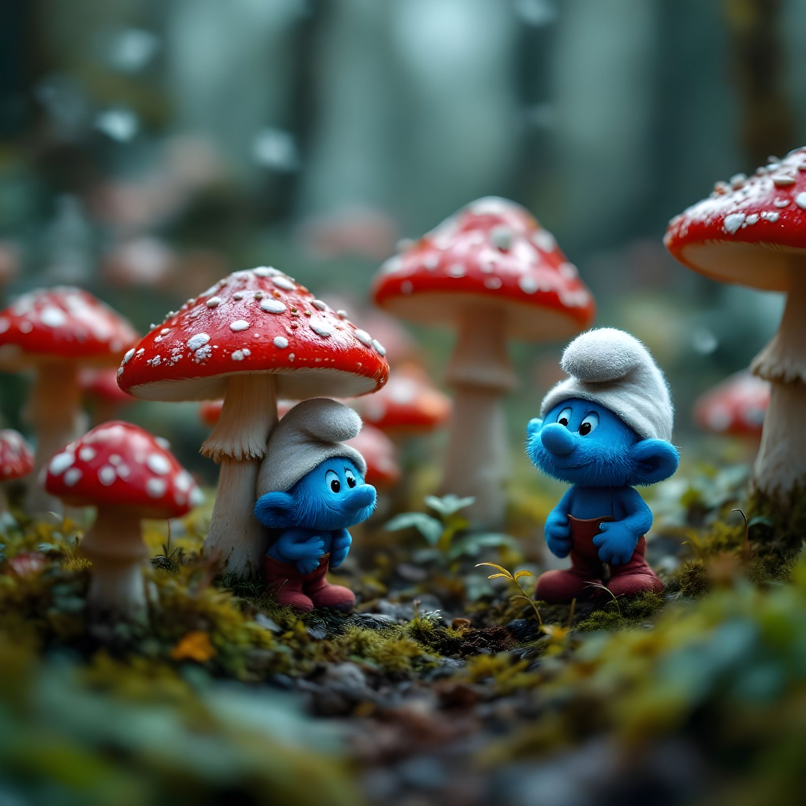 Smurfs in Whimsical Red Mushroom Enclave