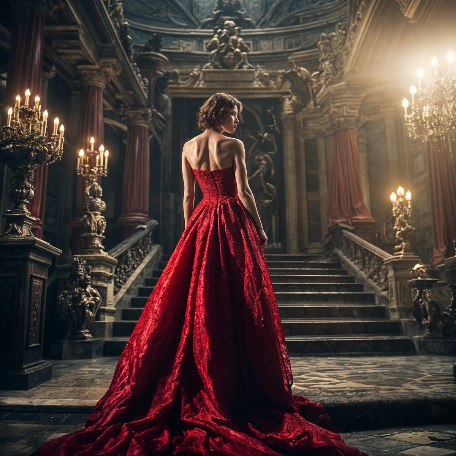 A Godess in a pretty red silk and lace gown depicted as Milla Jovovich in 'Resident Evil' Cinematic film still, shot on ...