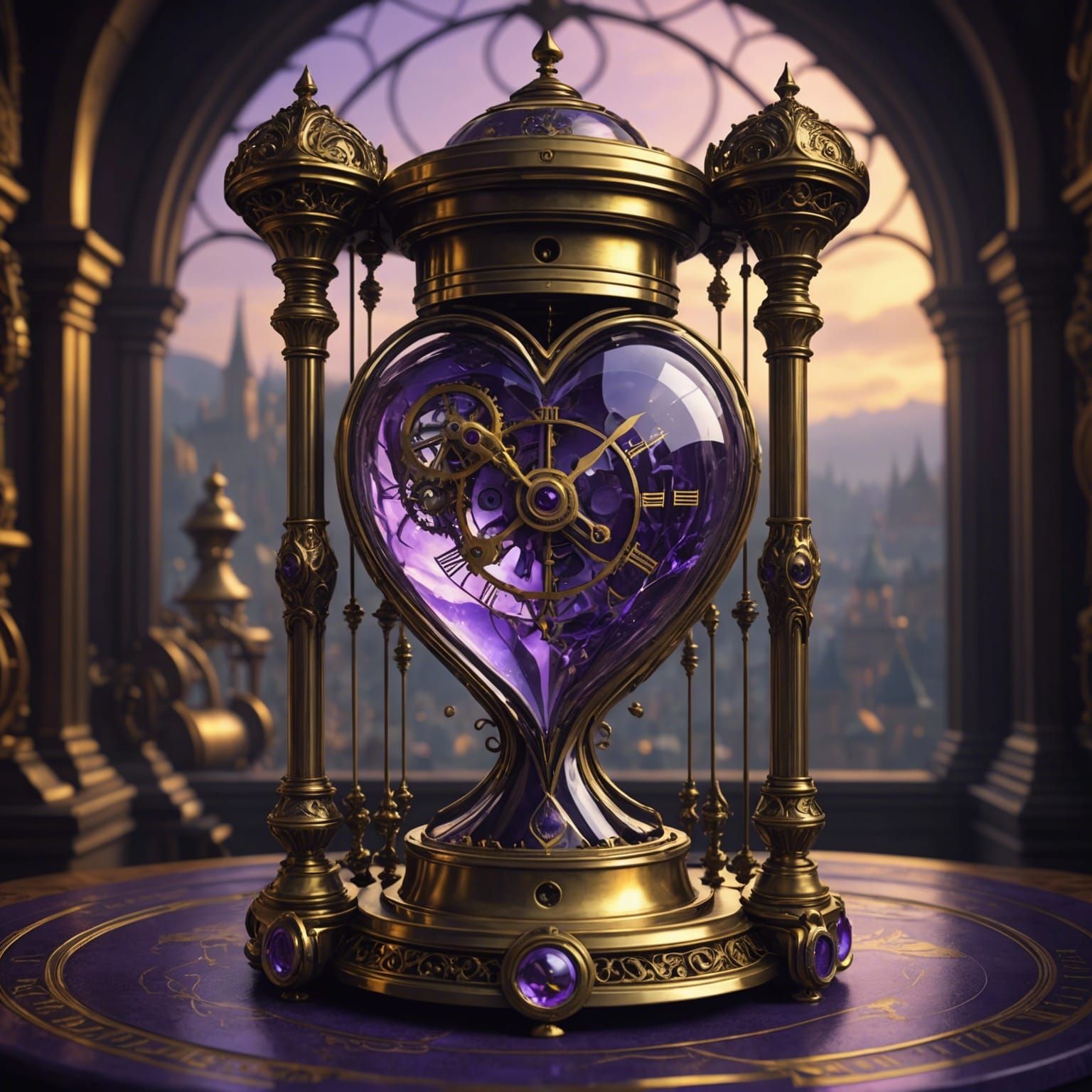 Clockwork Heart in Hourglass: Dark Fantasy Art