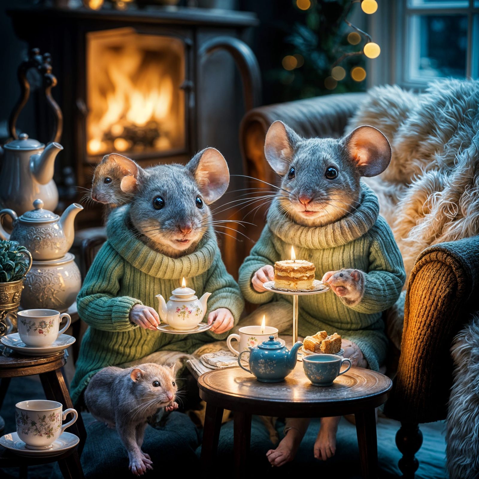 Elderly Mice Knitting in Cozy Home