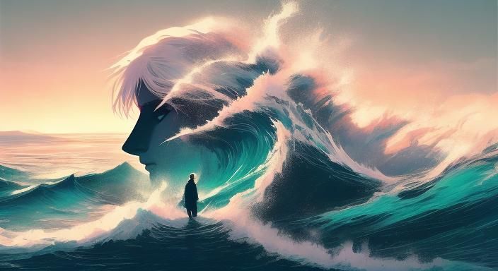 Woman Gazing at Turbulent Ocean: Cinematic Painting