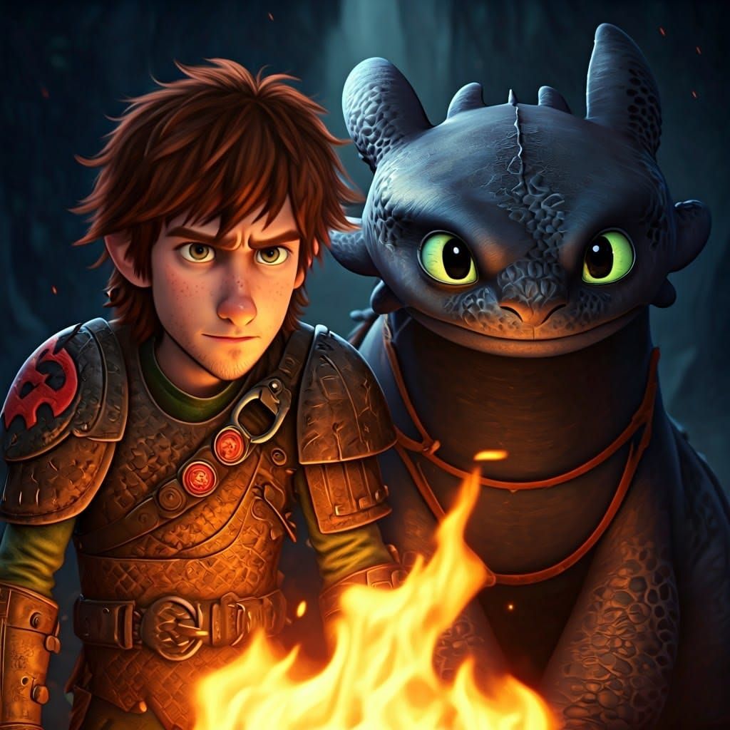 Surreal Duo of Night Fury Dragons in Front of a Flickering F...