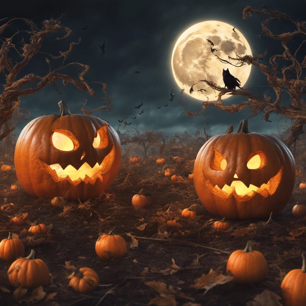 Pumpkins Under the Full Moon at Night