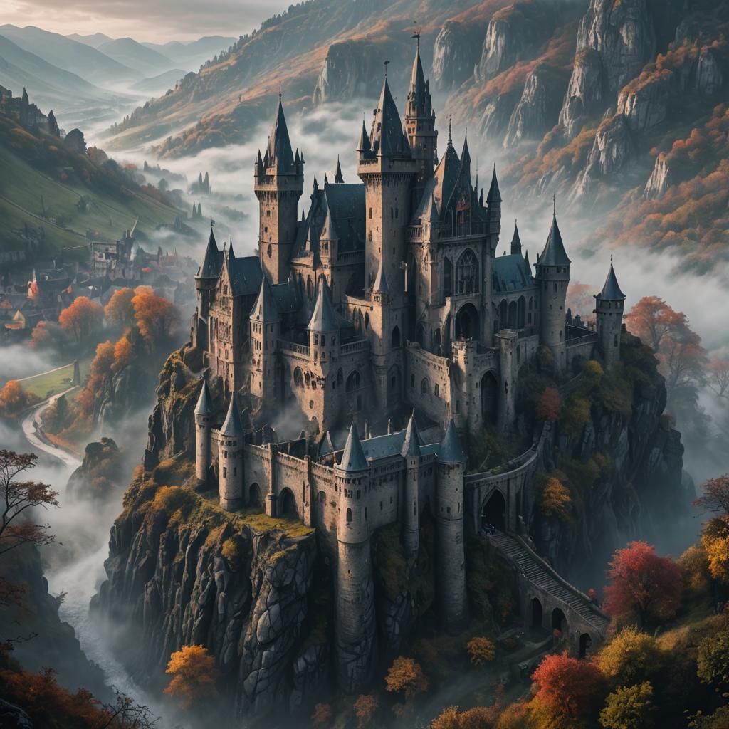 Gothic Castle Overlooking Misty Valley in Cinematic Lighting