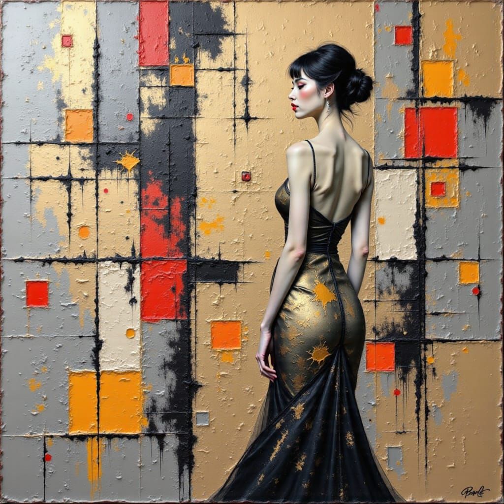 Fashion Model, abstract oil on canvas painting by Joam Miró & Maria Tsuhilkina & Piet Mondrian