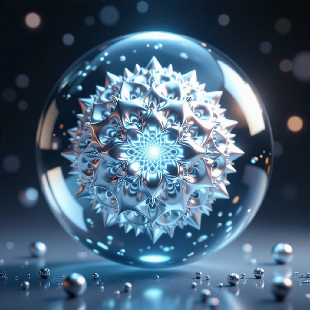 Floating Fractal Sphere in Silver-Aqua: 3D Unreal Render
