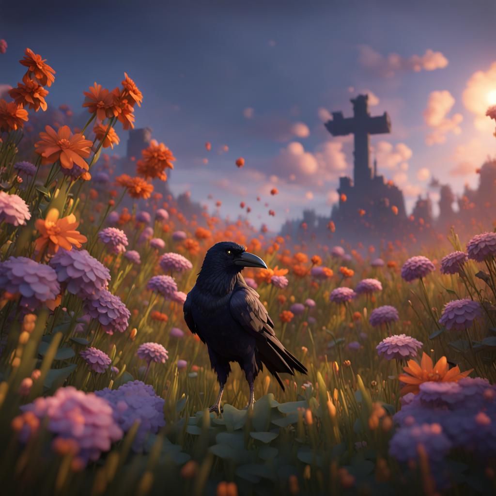 Minecraft Crow in Flower Field: Detailed Digital Painting