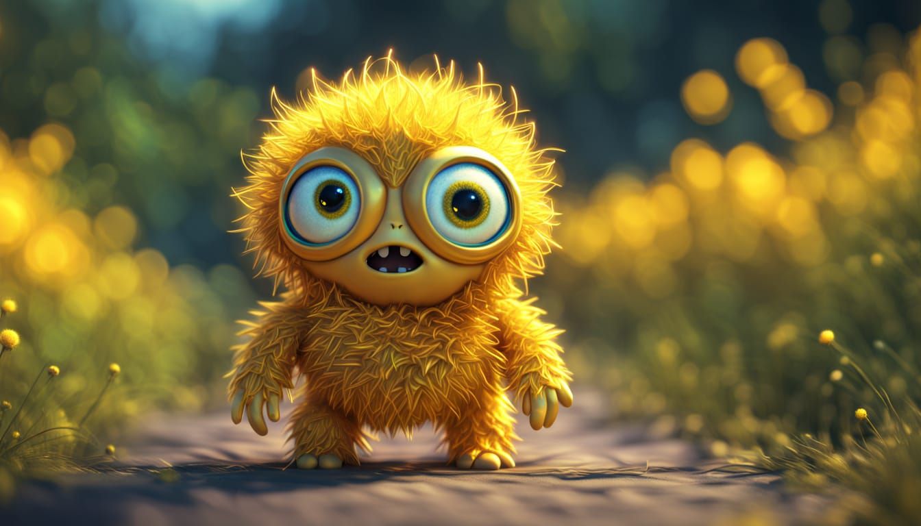 Cute Golden Fluffy Humanoid Dandelion Monster in Vibrant Ani...