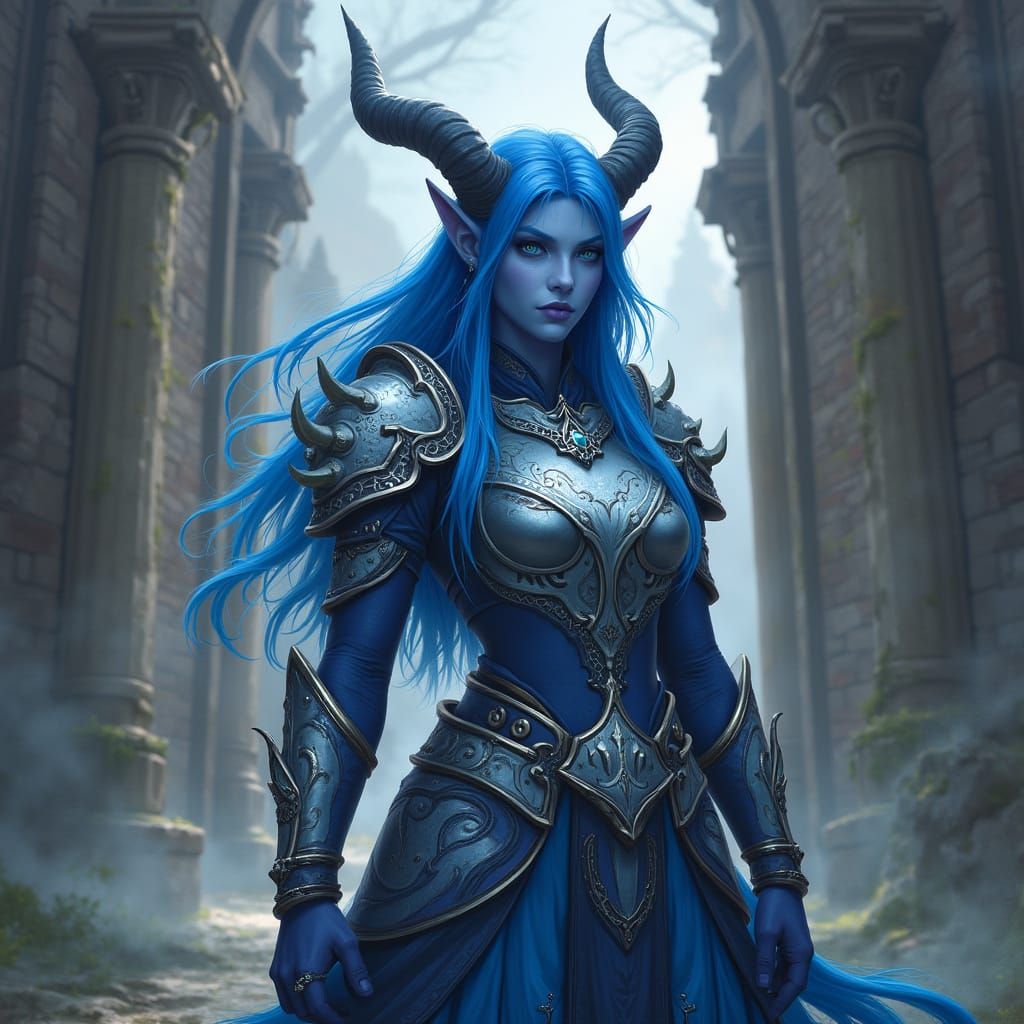 Majestic Female Draenei Shaman at Stormwind Gates in Fantasy...