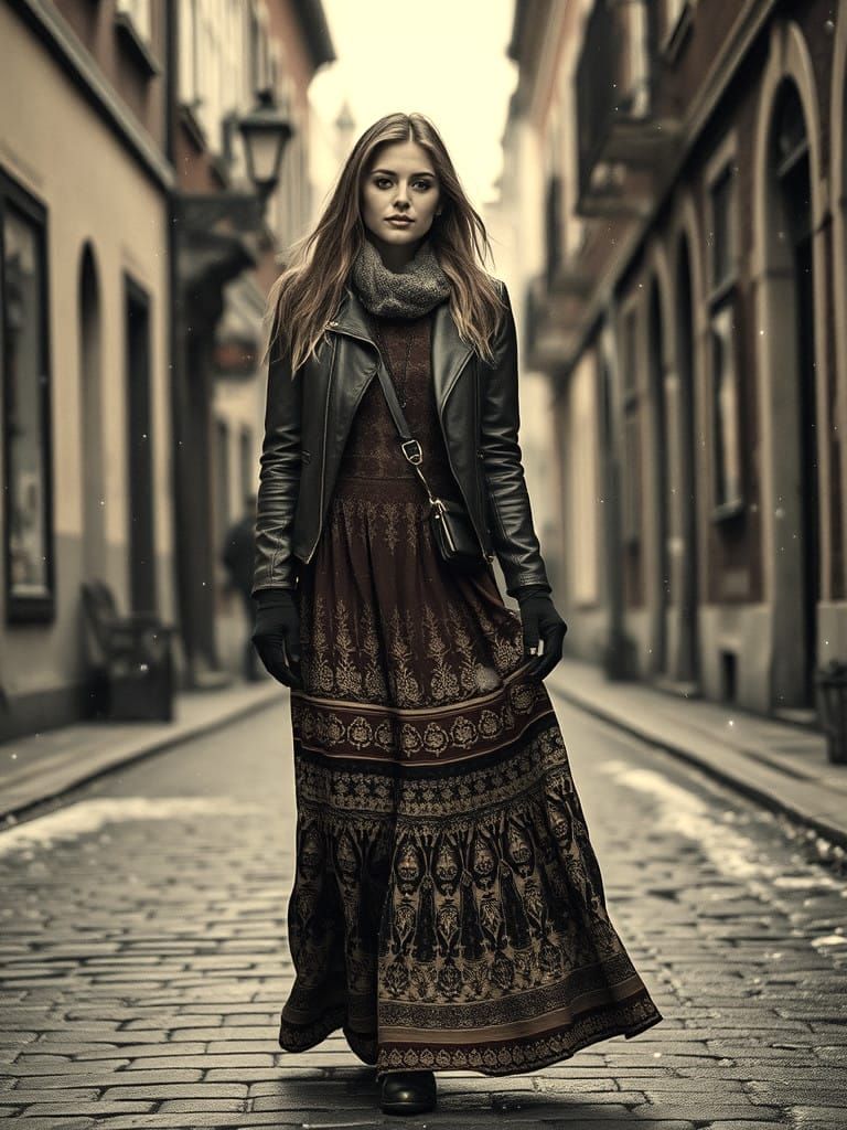 Vintage Winter Portrait of a Woman in Boho Style