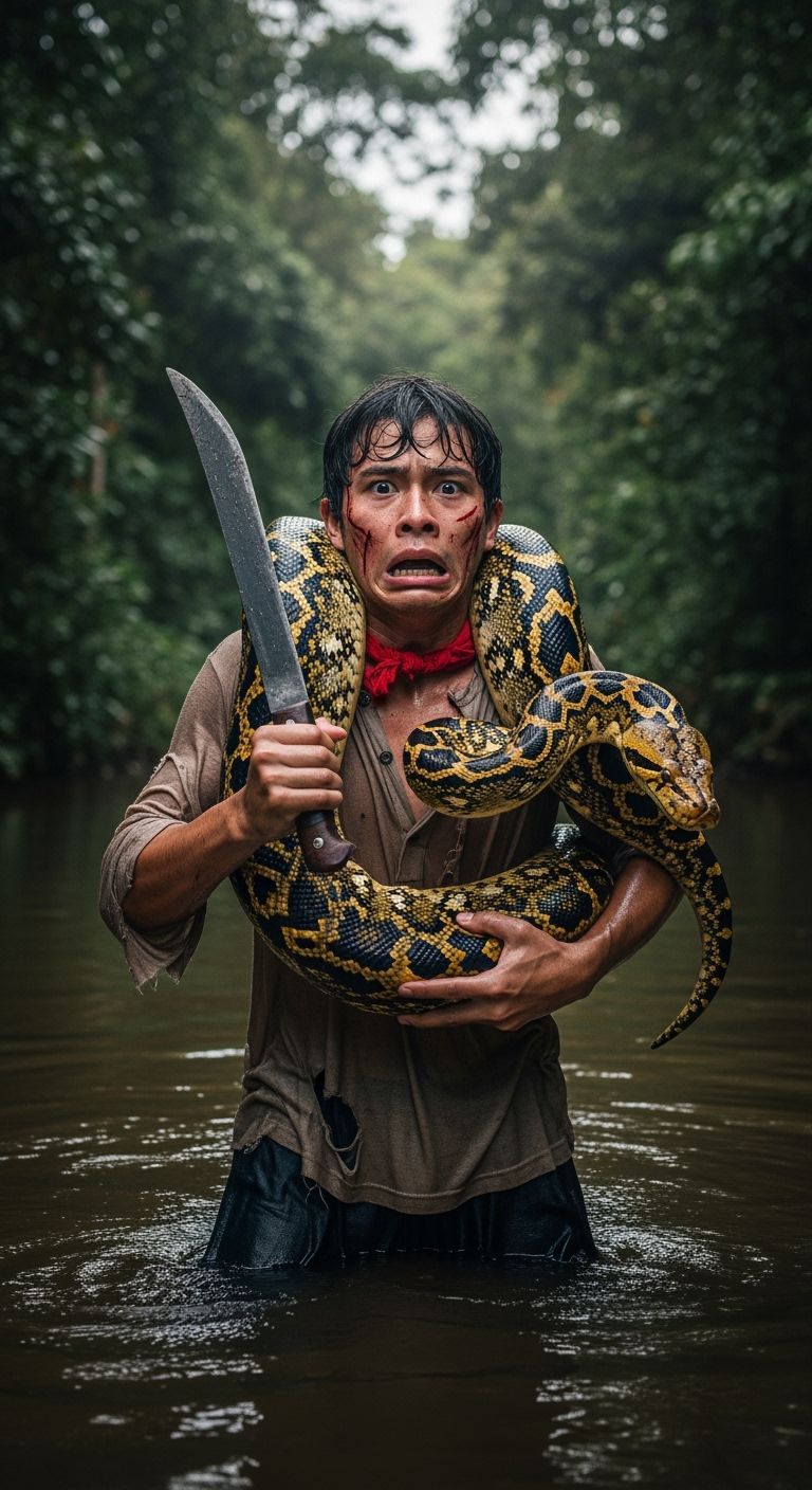 Terrified Man Gripped by Python in Jungle River