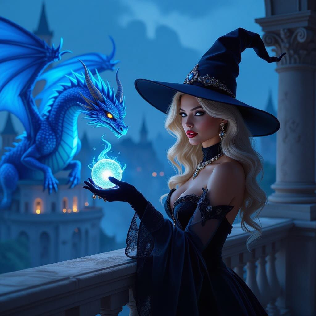Blonde Witch Summons Blue Dragon in Futuristic Style