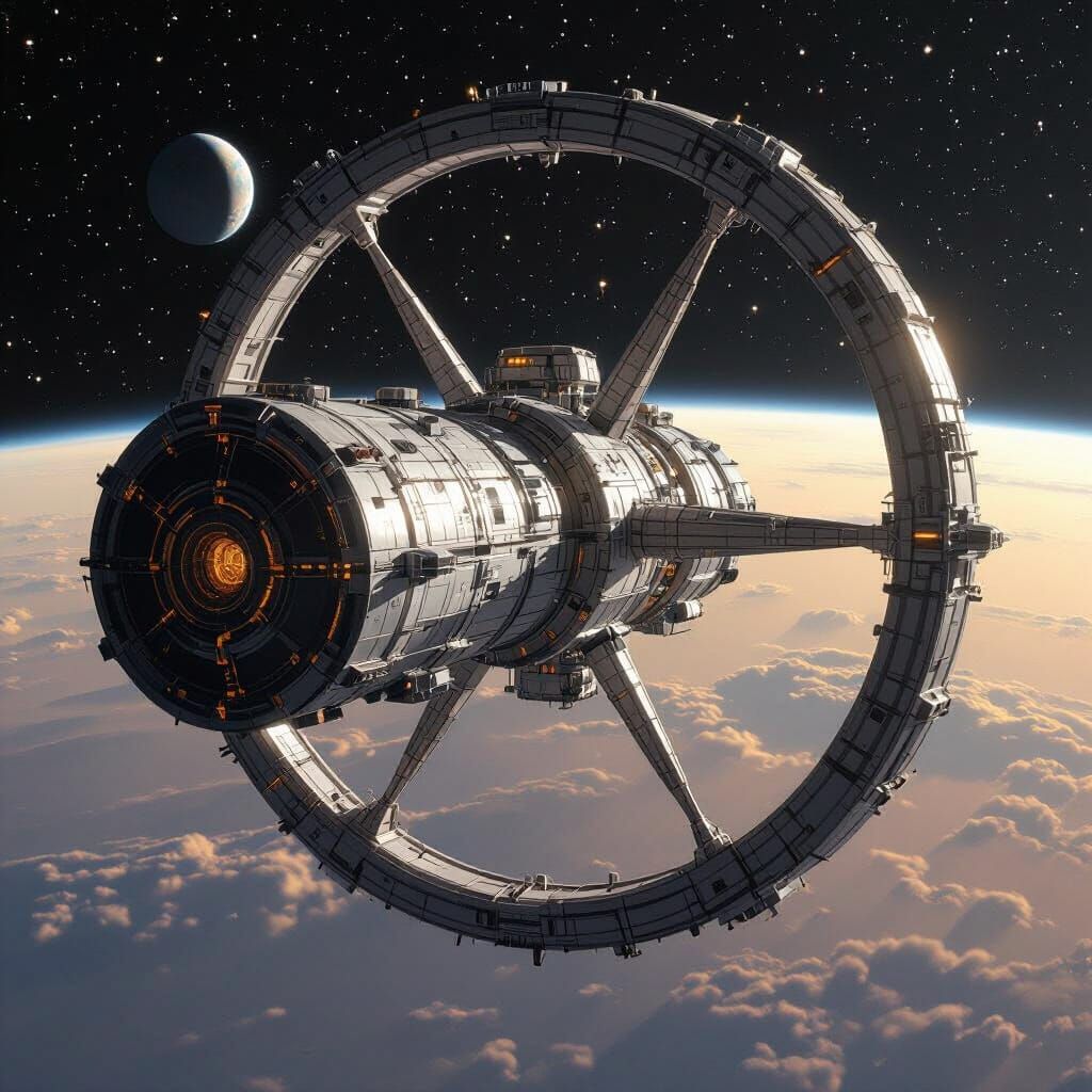 Gigantic Stanford Taurus Space Station in Orbit