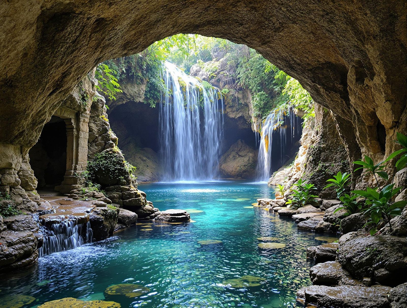 Mediterranean Grotto with Ancient Ruins and Waterfalls