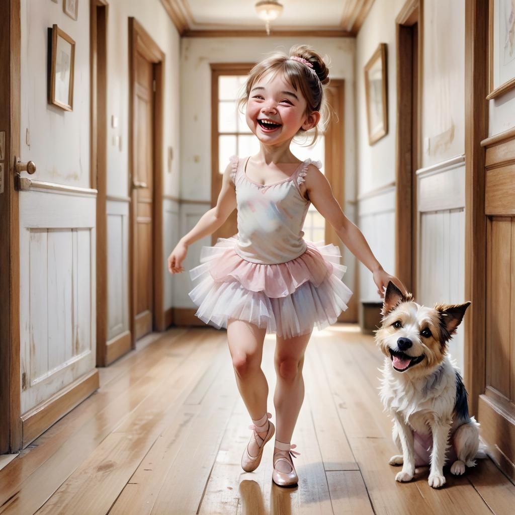 Cute Girl and Dog in Watercolour Style