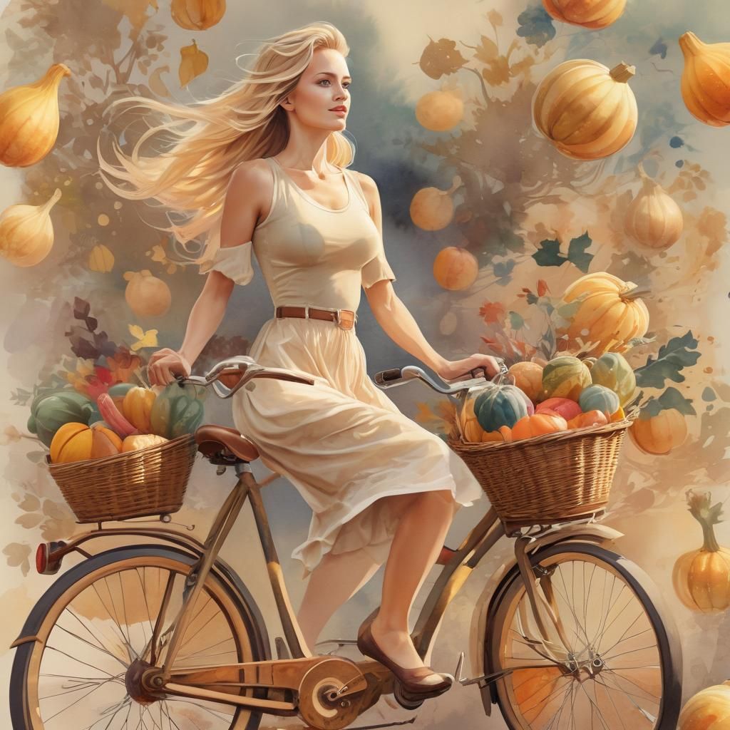 Woman Rides Bike with Gourds: Watercolor Concept Art