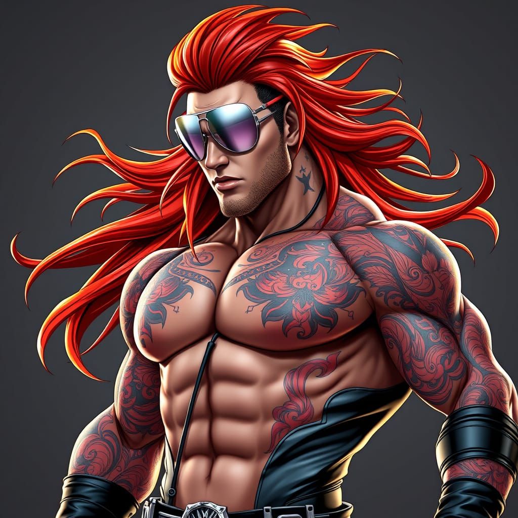 Muscular Red-Haired Wrestler in Anime-Inspired 3D Art