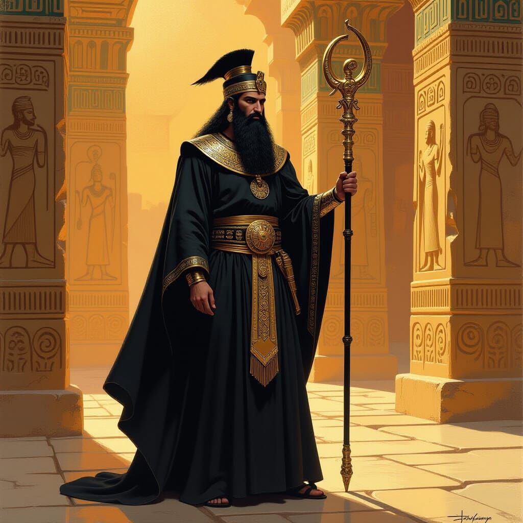 Ancient Assyrian Priest in Temple with Gold Staff